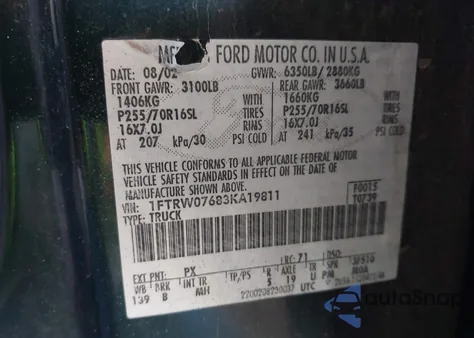 2003 Ford F-150 Lariat/Xlt from USA, damaged, VIN 1FTRW07683KA19811